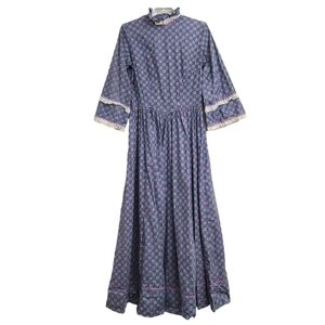 Vintage Handmade Maxi Prarie Dress Small - XS Lace Trim Cottagecore Ditsy Ruffle